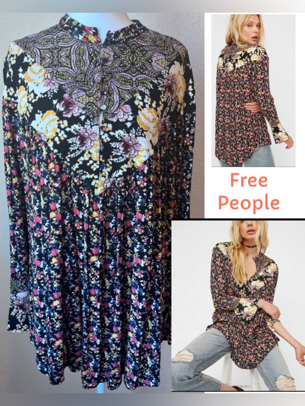 Free People Wildflower Fields Floral Boho Long Sleeve Tunic Top Sz Small?